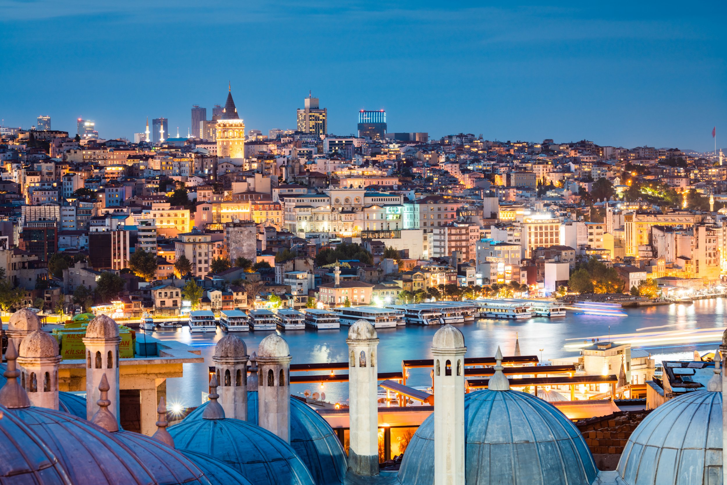 Nighttime skies and Galata Tower in Istanbul, Turkey