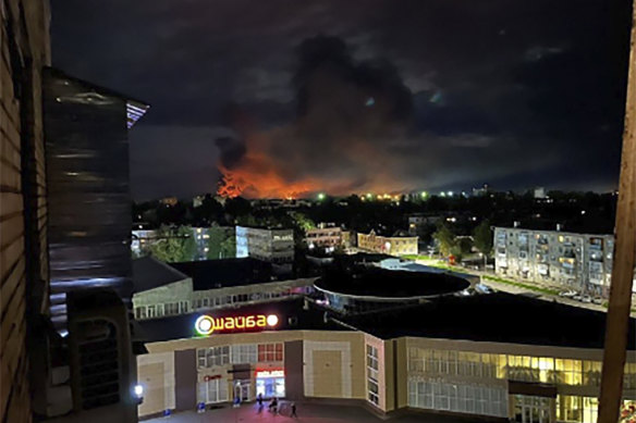 Smoke billows from a large blaze in Pskov, Russia, after a large drone attack last year. Ukraine has increased the number of drone attacks on Russia in recent months.