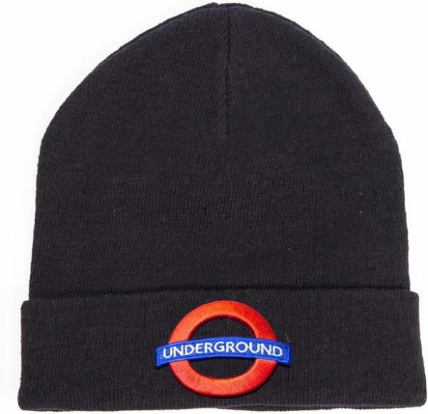 A black beanie hat with the London Underground roundel logo on the front